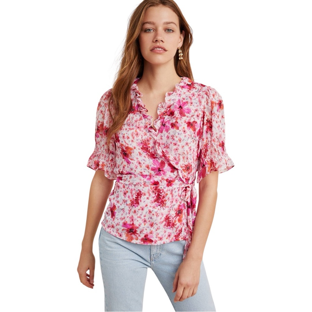 MISA Los Angeles Sybil Top in Gardenia Pink Floral Wrap Blouse Puff Sleeve Small